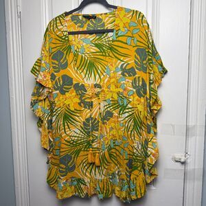 Vacation Coverup Womens Yellow Tropical Flutter Sleeve Beach Hibiscus Flowy